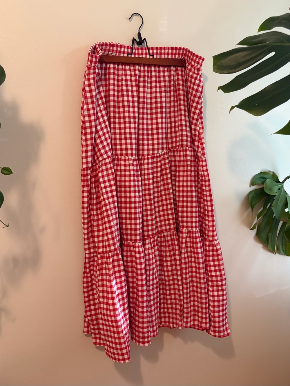 100% Cotton - Red Gingham Tiered Maxi Skirt